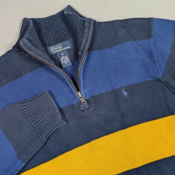 Polo Ralph Lauren Other - Vintage Polo Ralph Lauren 1/4 Zip Sweater Boys XL Blue Yellow Striped Pony Y2K